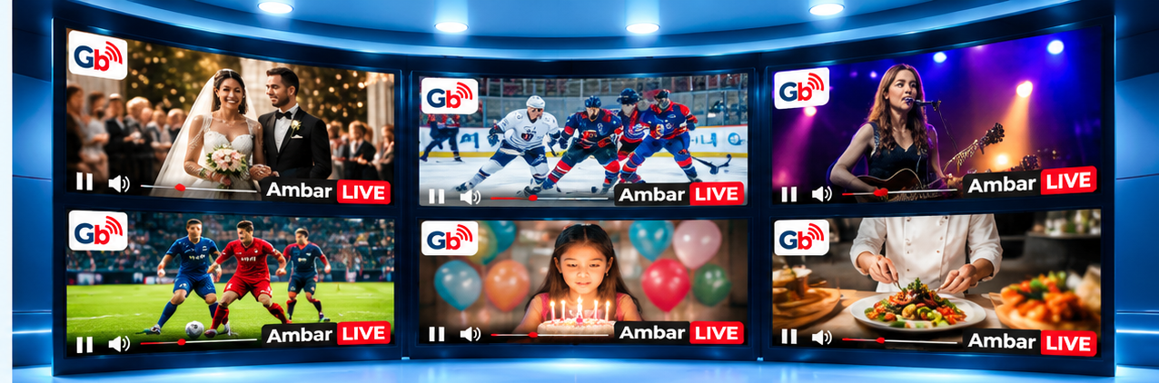 Curved wall of six sample broadcasts, each showing the GB LIVE logo at upper left and Ambar LIVE at lower right: wedding, hockey, music, soccer, birthday and cooking
