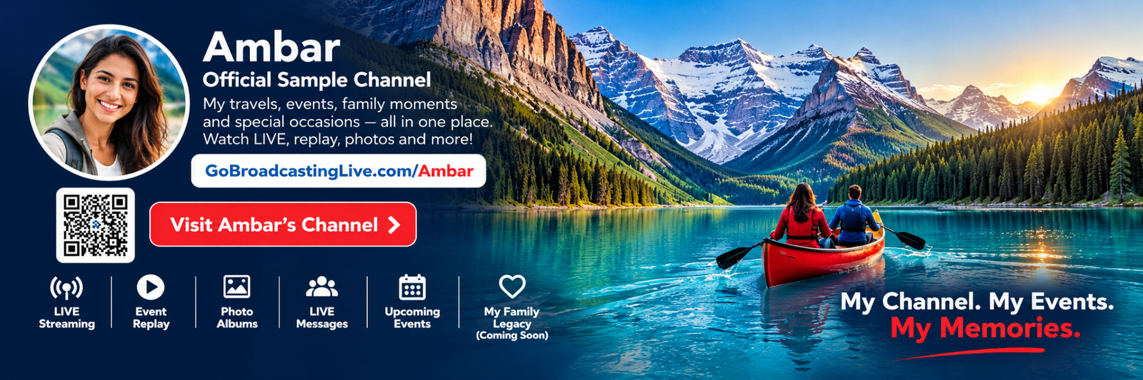 Ambar official sample channel: alpine lake, mountains, red canoe, portrait and channel features